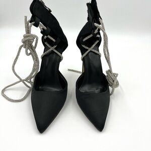 NWOB Black Satin Pointed Toe Stilettos with Rhinestone strappy lace up sz 37